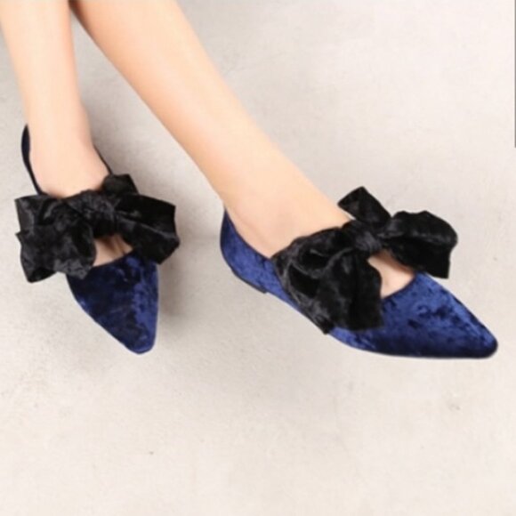 ZARA Velvet Navy Ballerina Flats w Black Velvet Bow Size 39, US 8 - Picture 2 of 11